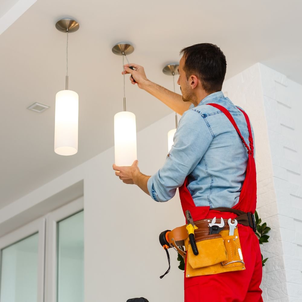 Electrician in red overalls adjusting a ceiling light fixture in a modern home interior, highlighting local and commercial electrical services.