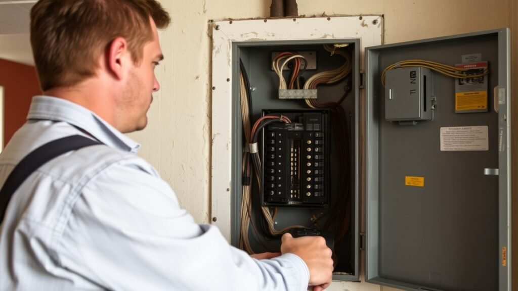 A certified electrician inspecting an outdated electrical panel in a residential home