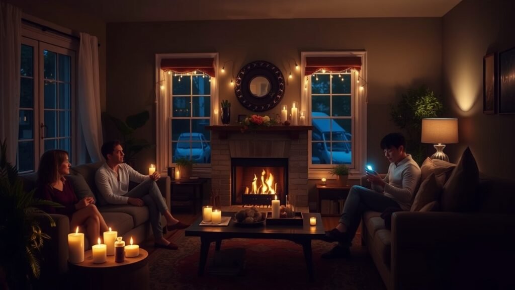 A cozy living room during a power outage with candles lit and family members using flashlights
