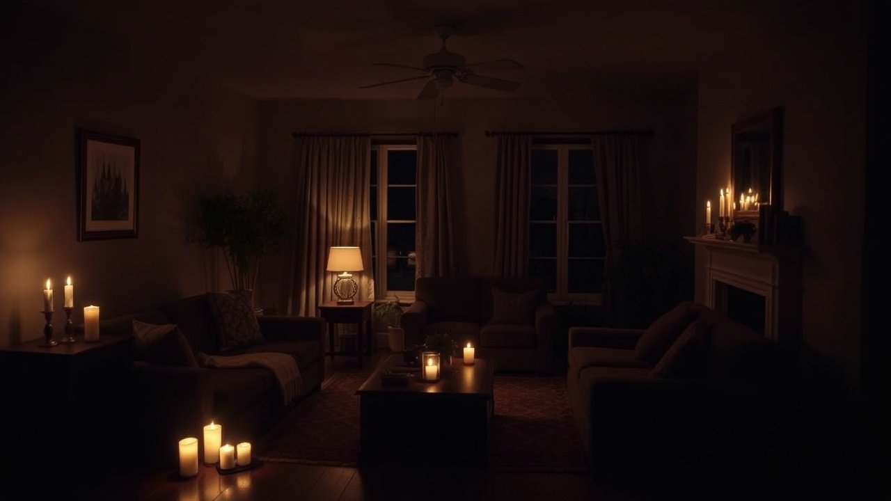 A cozy living room plunged into darkness during a power outage with only candlelight illuminating the space