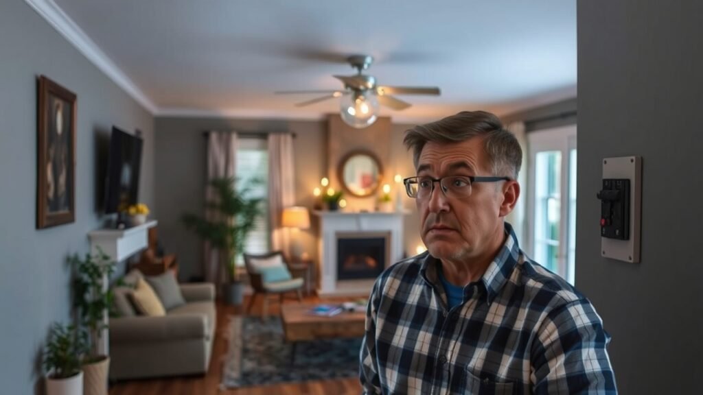 A cozy living room with flickering lights and a worried homeowner looking at a circuit breaker