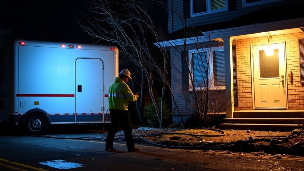 A friendly local electrician responding to an emergency call in Calgary at night