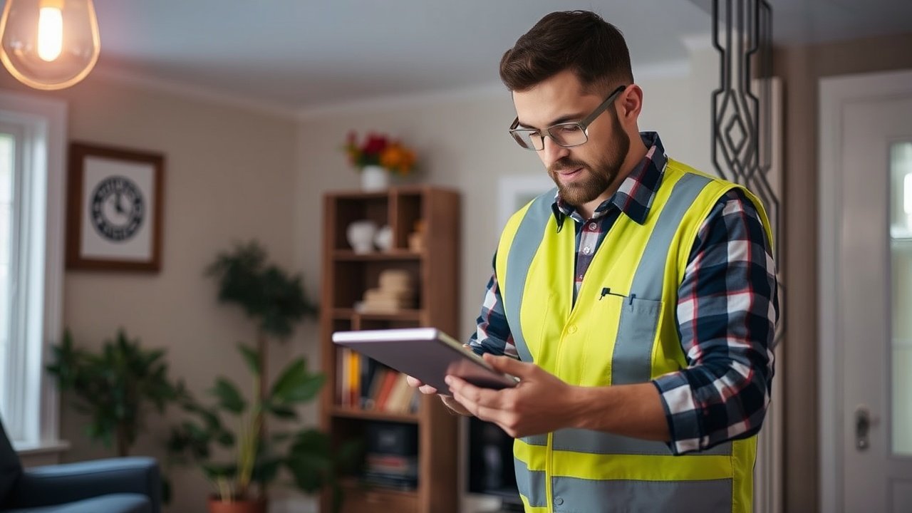 A licensed electrician performing an electrical safety inspection in a cozy home setting