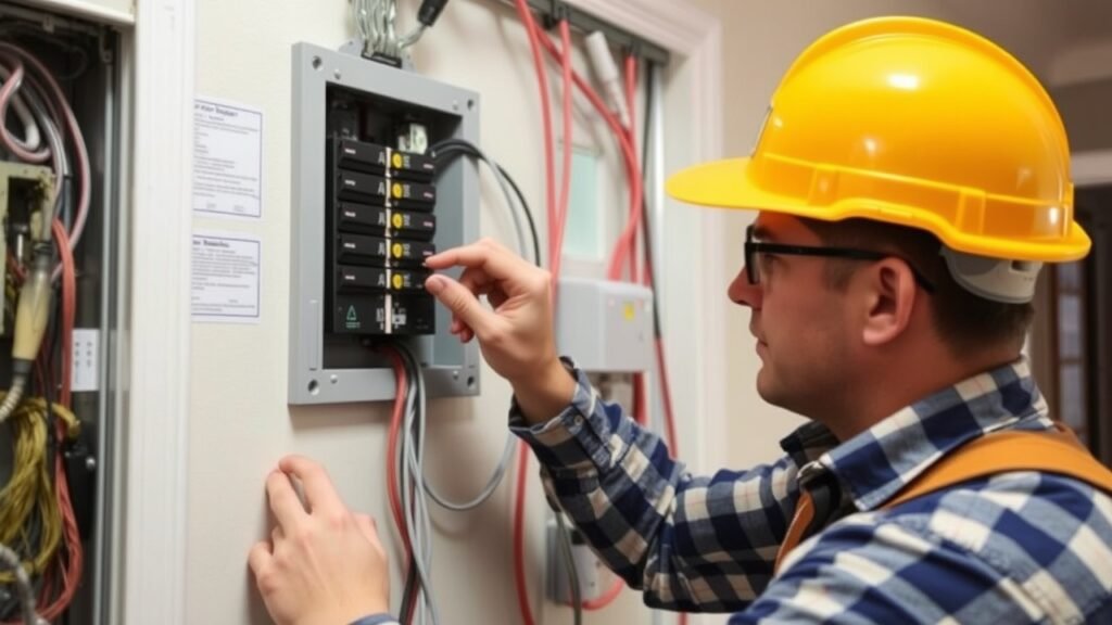 A licensed electrician performing an electrical safety inspection in a modern home, focused on circuit breaker panel evaluation and wiring checks