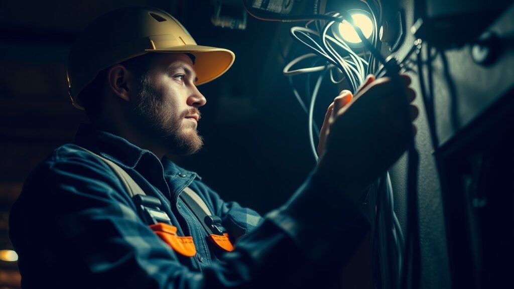 A professional electrician working late at night, fixing wires with tools in hand, surrounded by dim lighting