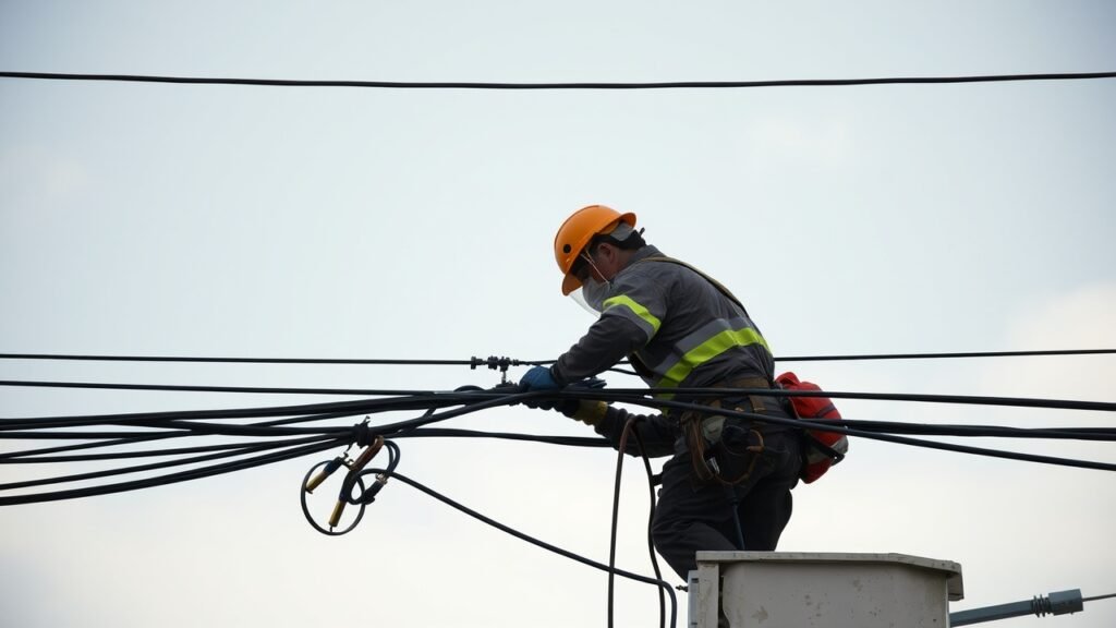A technician repairing electrical lines during a power outage with tools and safety gear