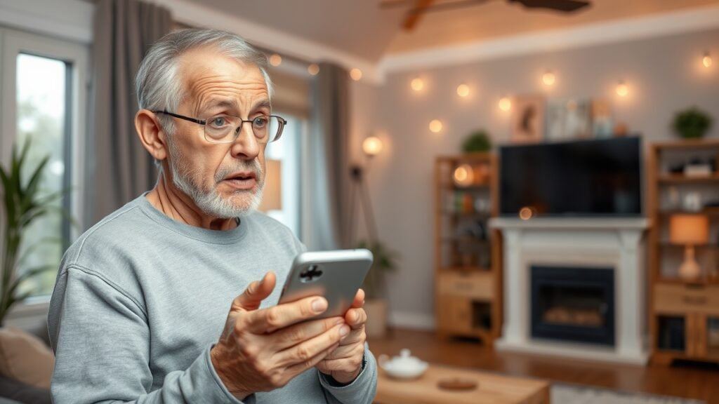 A worried homeowner looking at flickering lights in their living room while holding a phone, indicating urgency for an electrician