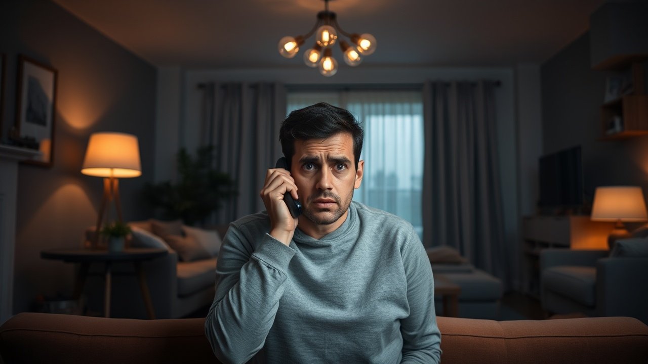 A worried person sitting in a dark living room with flickering lights, holding a phone ready to call an electrician