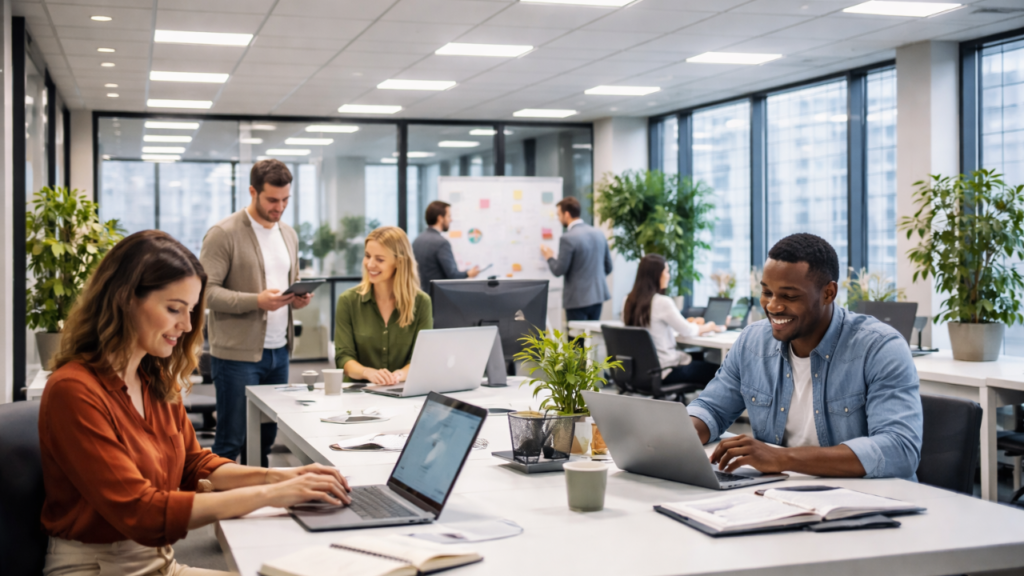 Team of employees working in a modern office with LED lighting.