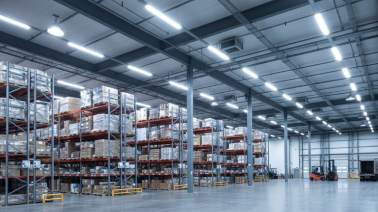 LED commercial lighting installed in a warehouse to improve energy efficiency