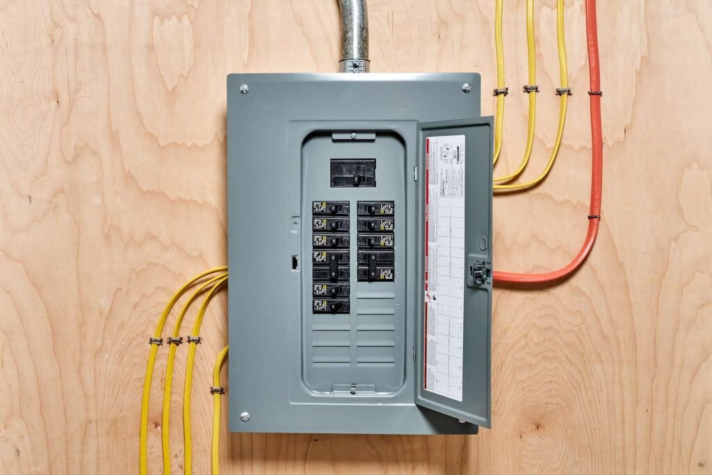 A modern residential electrical panel with various circuits labeled