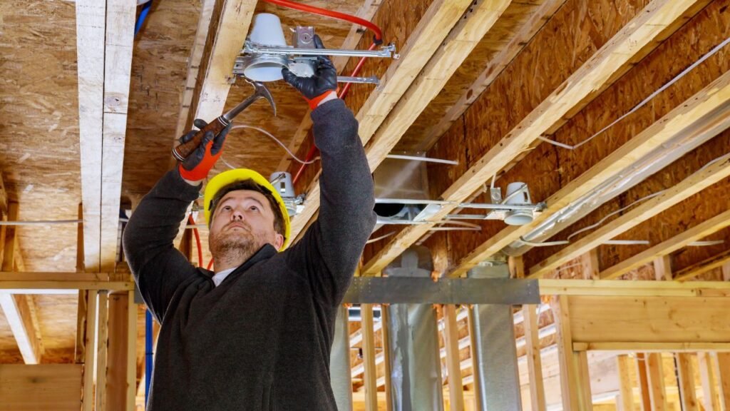 A professional electrician working on an electrical panel upgrade in a modern home setting