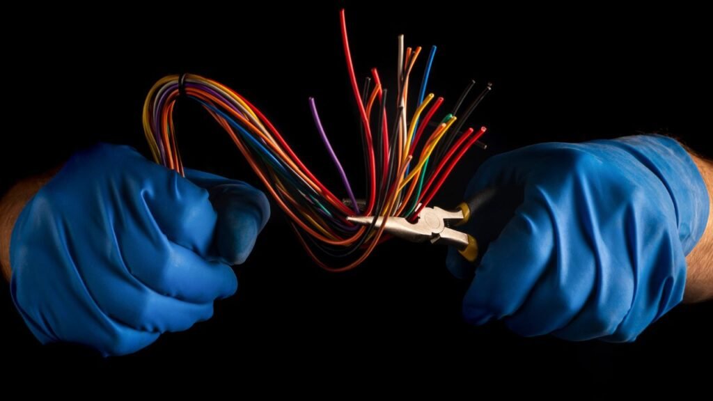 A team of industrial electricians working on high voltage equipment in a factory setting