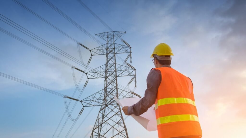A team of industrial electricians working on high voltage equipment inside a factory setting