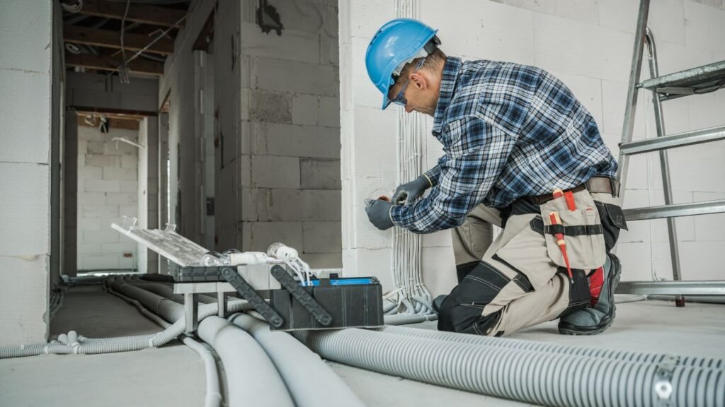 An industrial facility with various electrical installations, showcasing high voltage equipment, lighting systems, and control panels.
