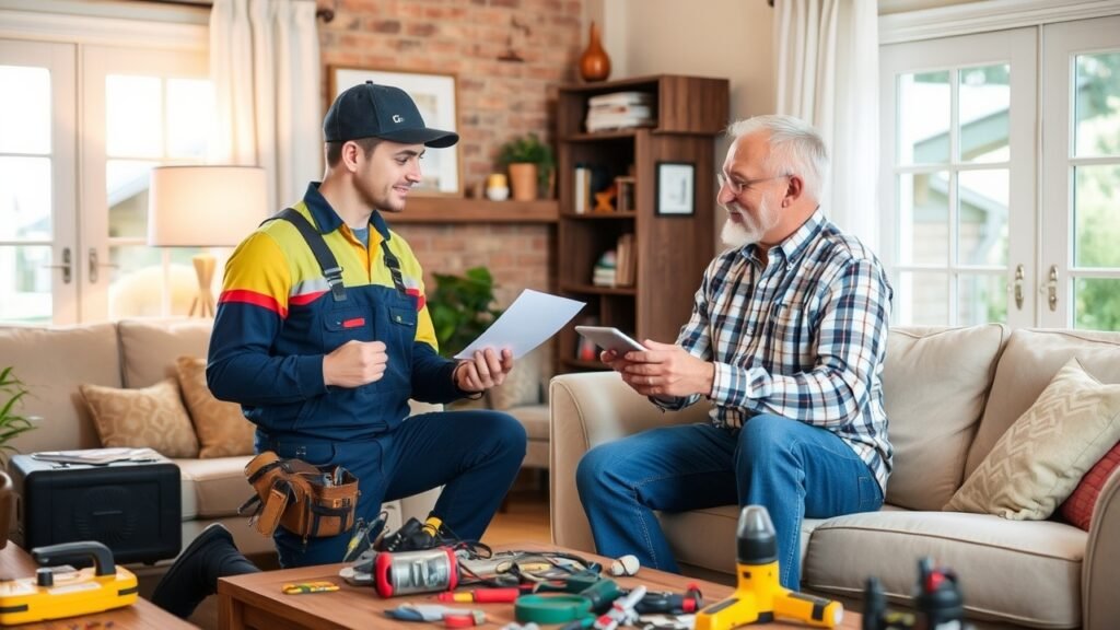 A friendly electrician discussing wiring options with a homeowner in a cozy living room, showcasing various tools and equipment related to electrical wiring replacement