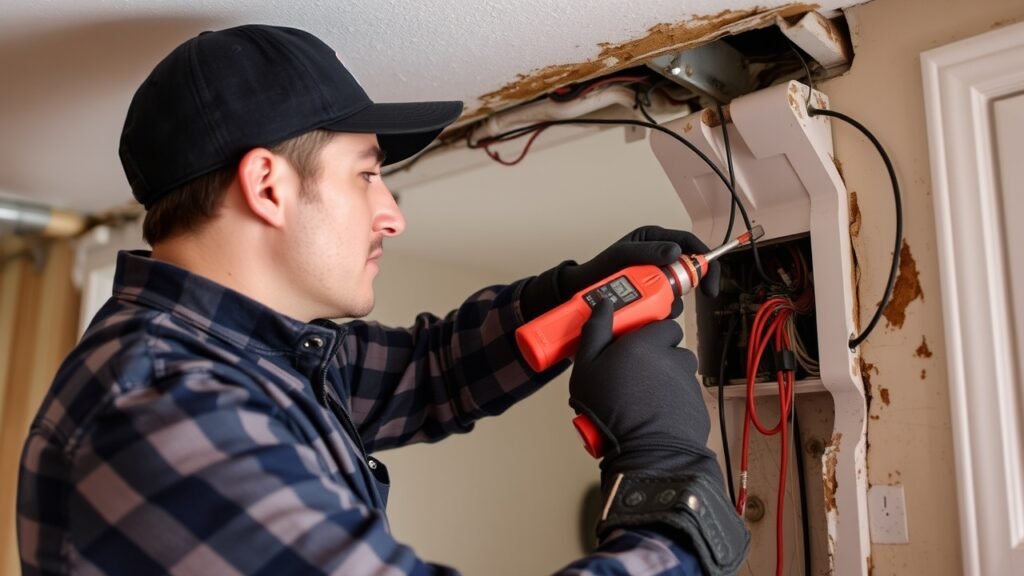 A licensed electrician inspecting outdated wiring in a residential setting with modern tools