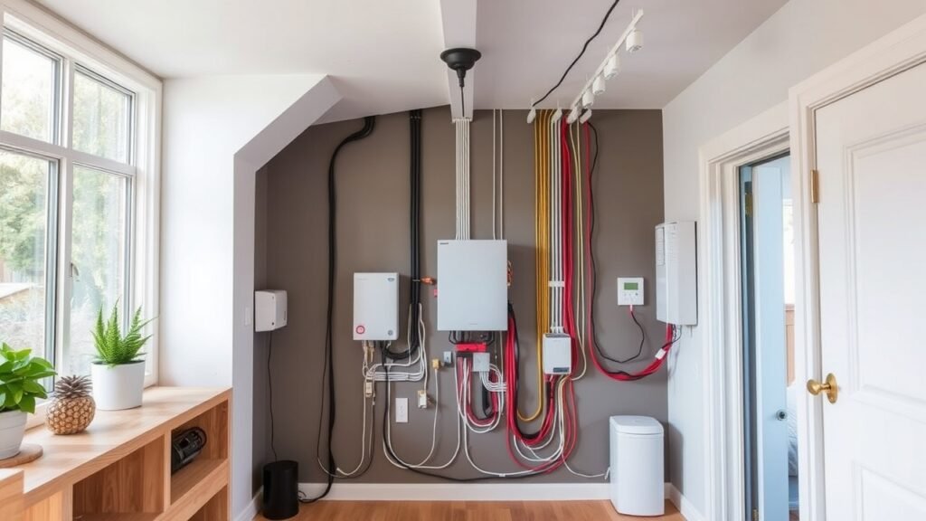 A modern home interior showcasing upgraded electrical wiring with energy-efficient features