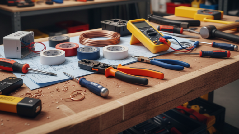 Electrician tools neatly arranged on a workbench, ready for use in electrical repairs and installations.