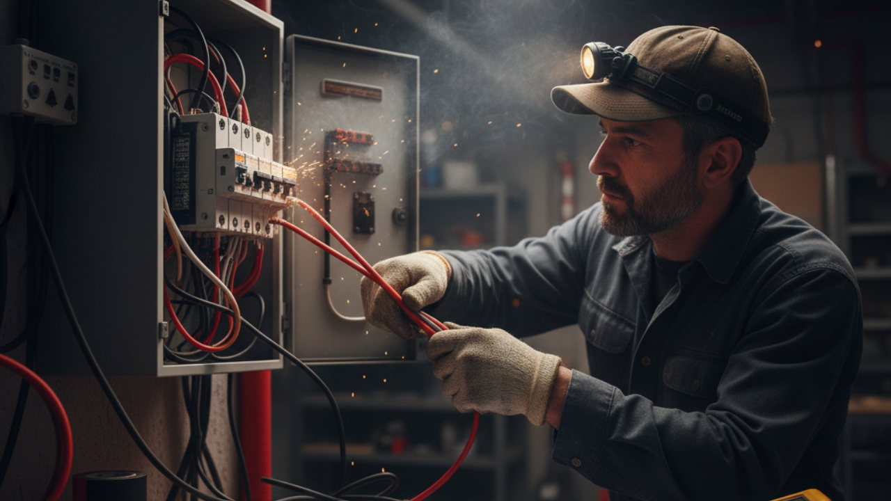 Electrician performing emergency repair on a circuit breaker panel to restore power.
