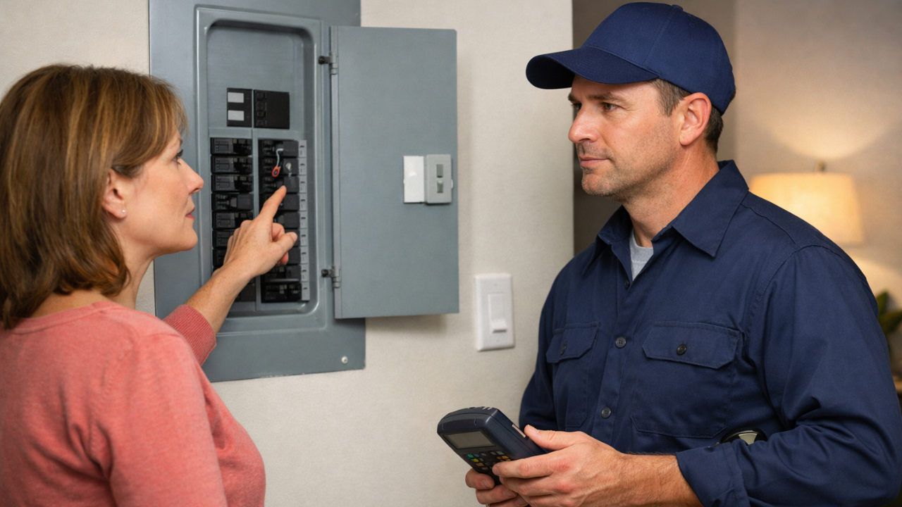 Homeowner Consulting a Professional Electrician