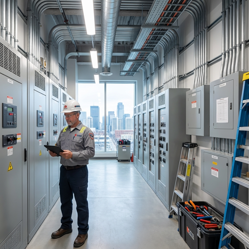 A professional wide-angle shot of a clean, organized electrical room in a large Calgary commercial building. A master electrician
