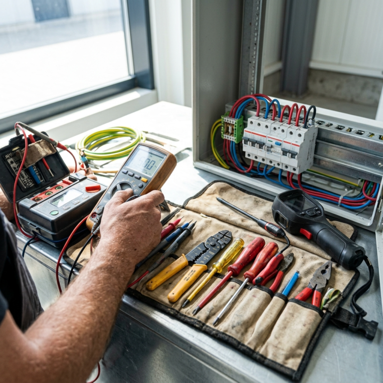 A well-lit, close-up shot of an electrical inspector's tools, emphasizing the thoroughness and time commitment of a professional inspection.