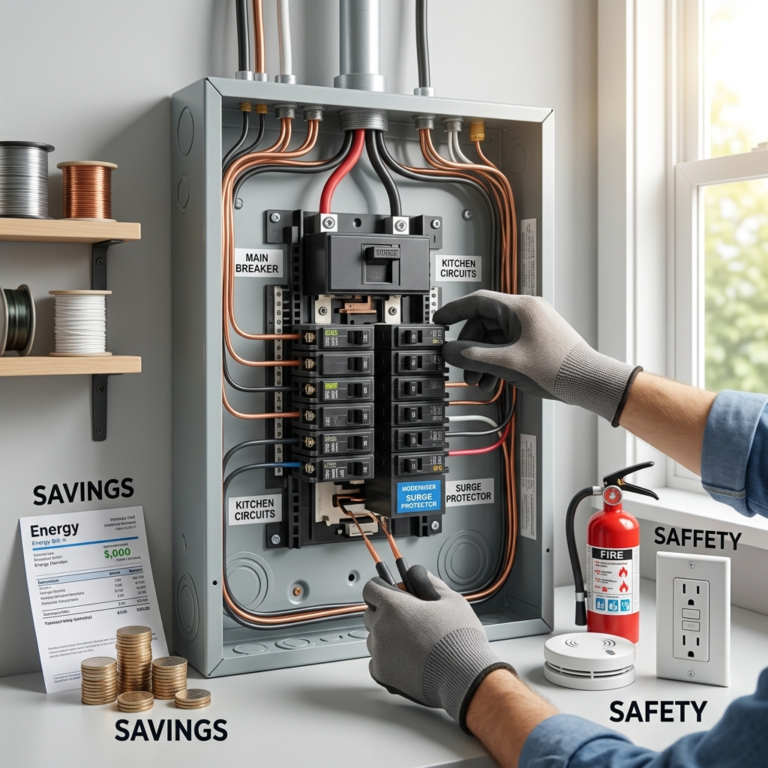 A vibrant, eye-catching infographic showcasing the financial benefits and safety advantages of routine electrical upkeep, detailed and professional