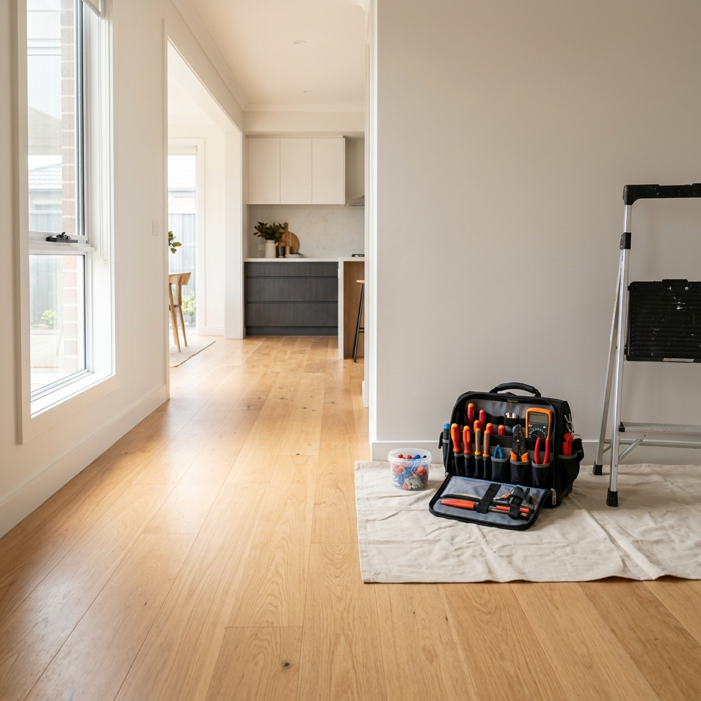 A well-lit, modern home interior showcasing preparation for an electrical service appointment, with organized tools and clear pathways.