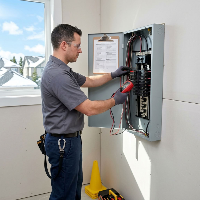 Licensed electrician performing an electrical safety inspection on a residential panel in Calgary
