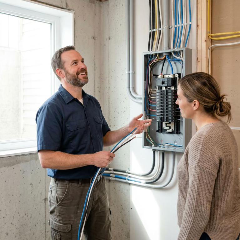 Licensed electrician inspecting residential electrical wiring in a Calgary home panel