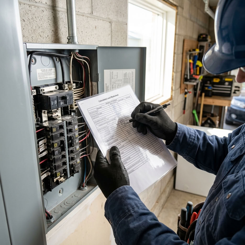 Licensed electrician performing an electrical load calculation on a residential panel in Calgary