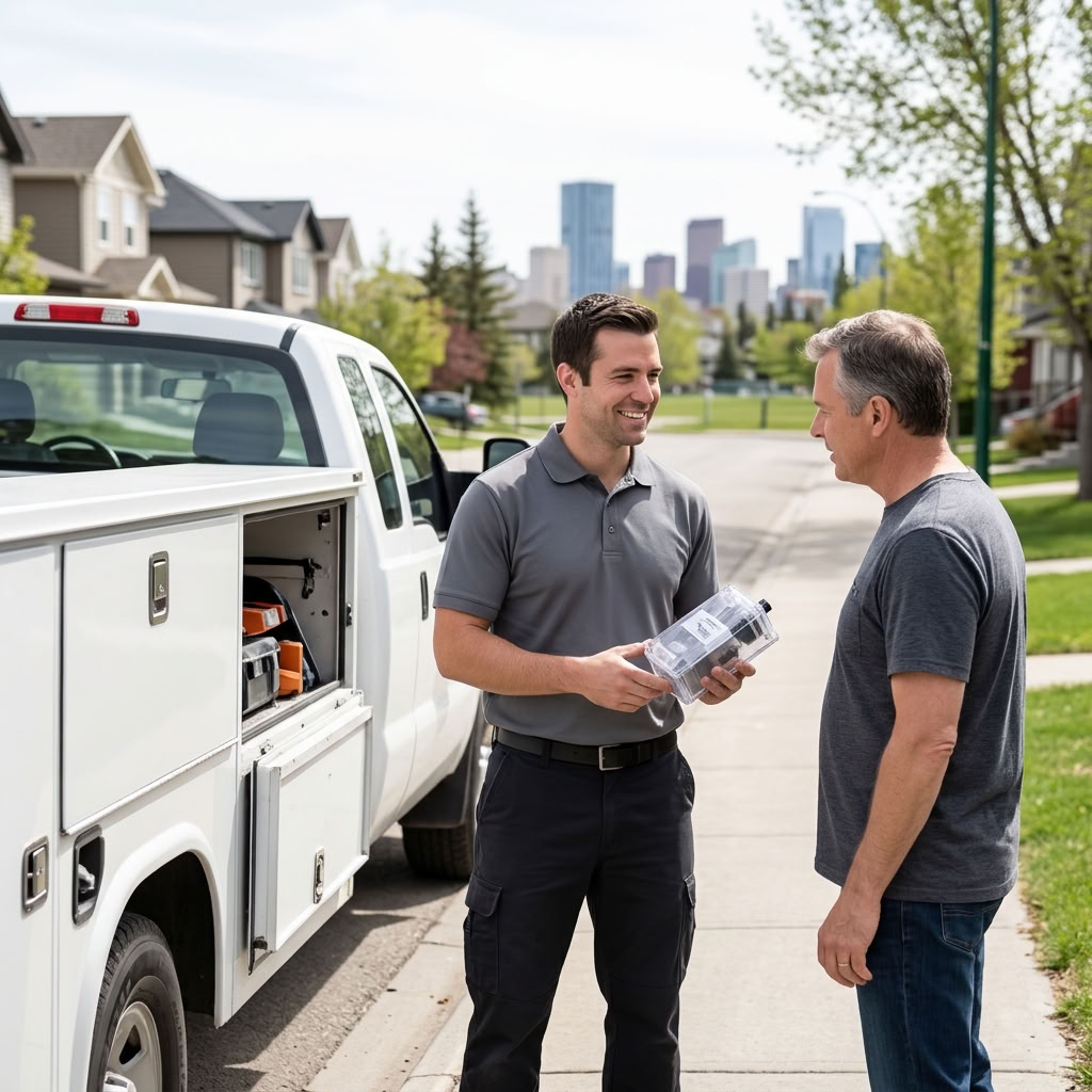 Whole-house surge protection device mounted on residential panel in Calgary