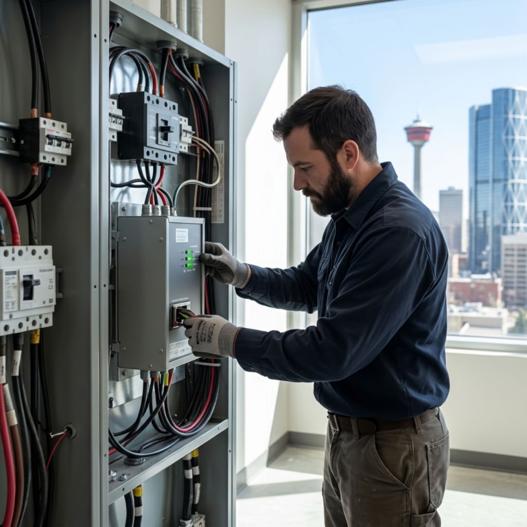 Licensed electrician installing whole-home surge protector at Calgary electrical panel